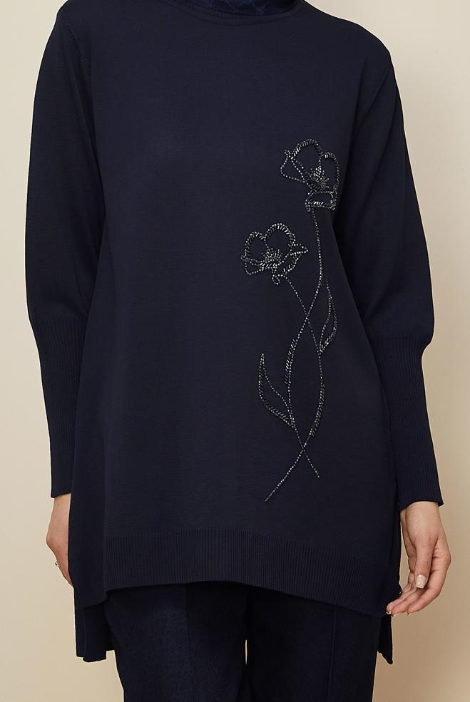 Hijab clothing NAVY BLUE BEAD EMBROIDERED KNITWEAR TUNIC 45907 - ALVİNA