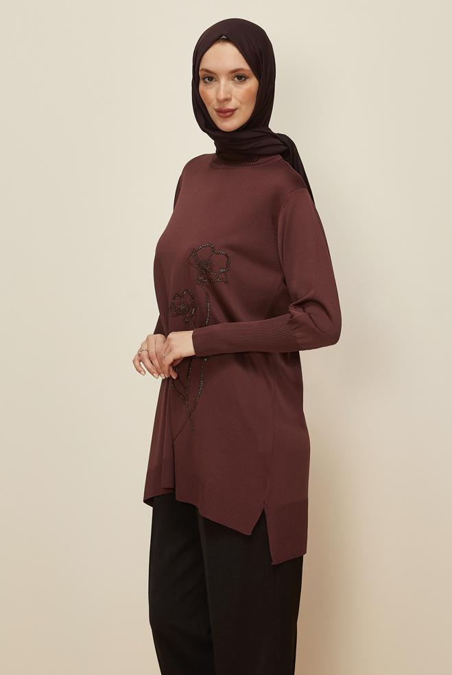 Hijab clothing BROWN BEAD EMBROIDERED KNITWEAR TUNIC 45907 - ALVİNA