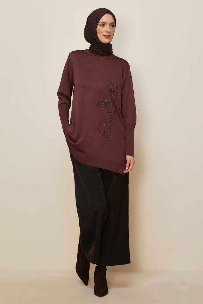 Hijab clothing BROWN BEAD EMBROIDERED KNITWEAR TUNIC 45907 - ALVİNA