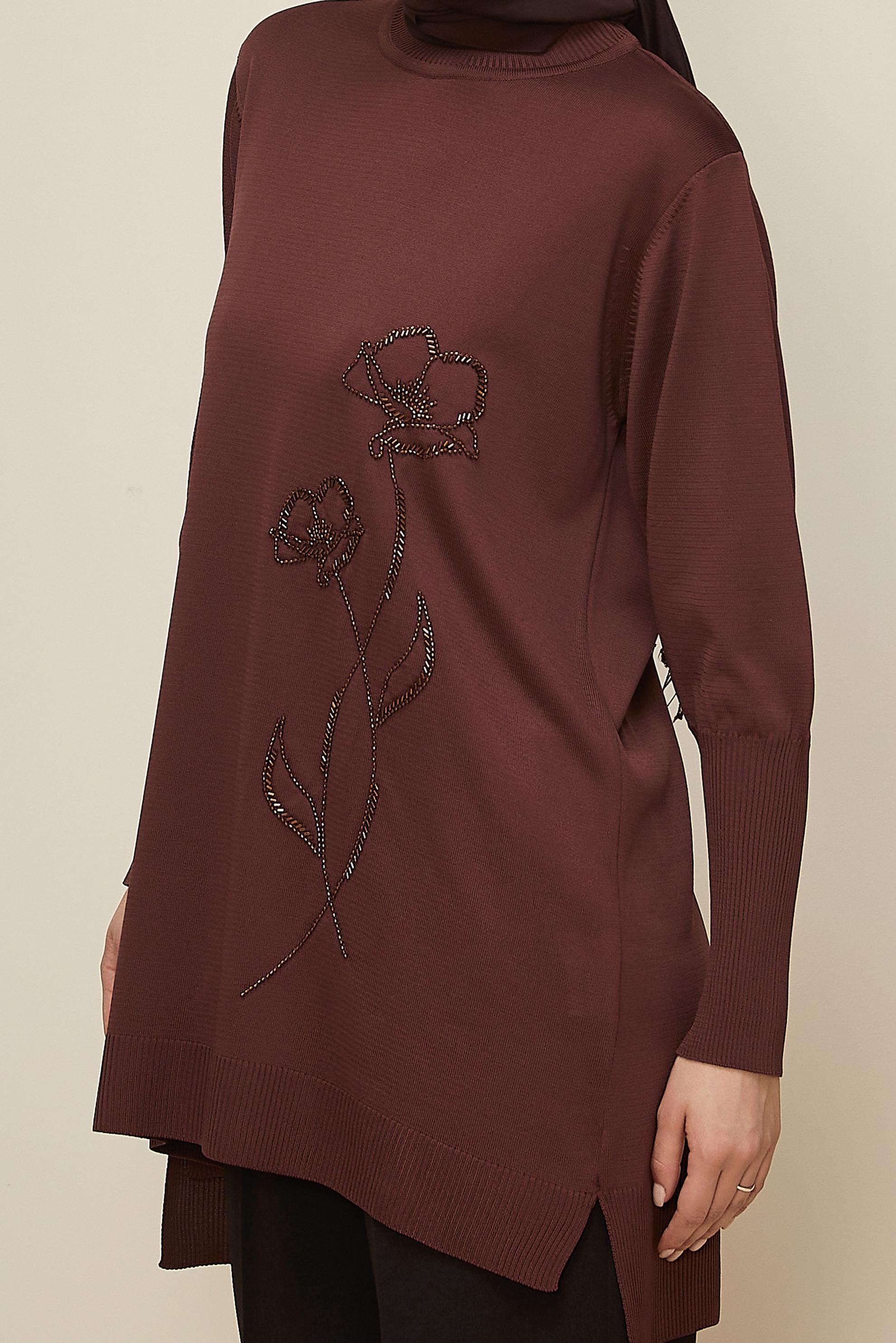Hijab clothing BROWN BEAD EMBROIDERED KNITWEAR TUNIC 45907