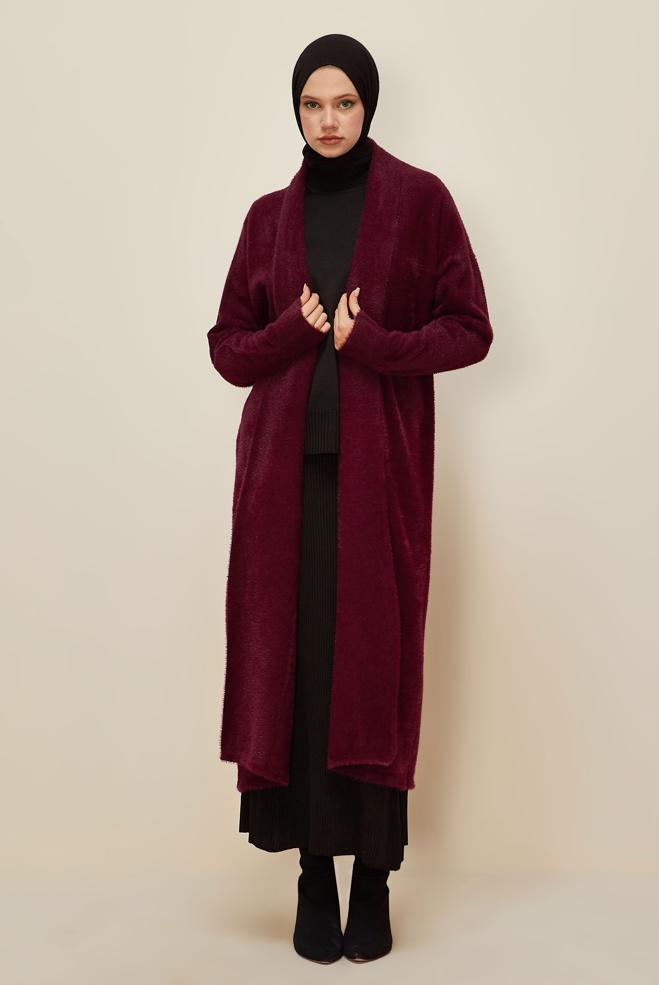 Tesettür giyim BORDO TRİKO HIRKA 45925 - ALVİNA