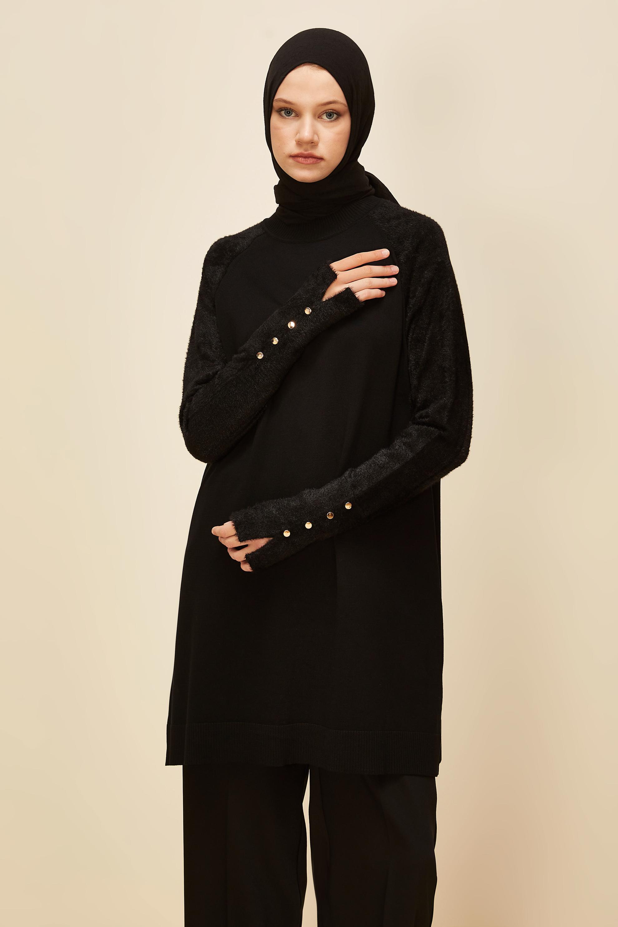 Tesettür giyim SİYAH DÜĞMELİ TRİKO TUNİK 45929