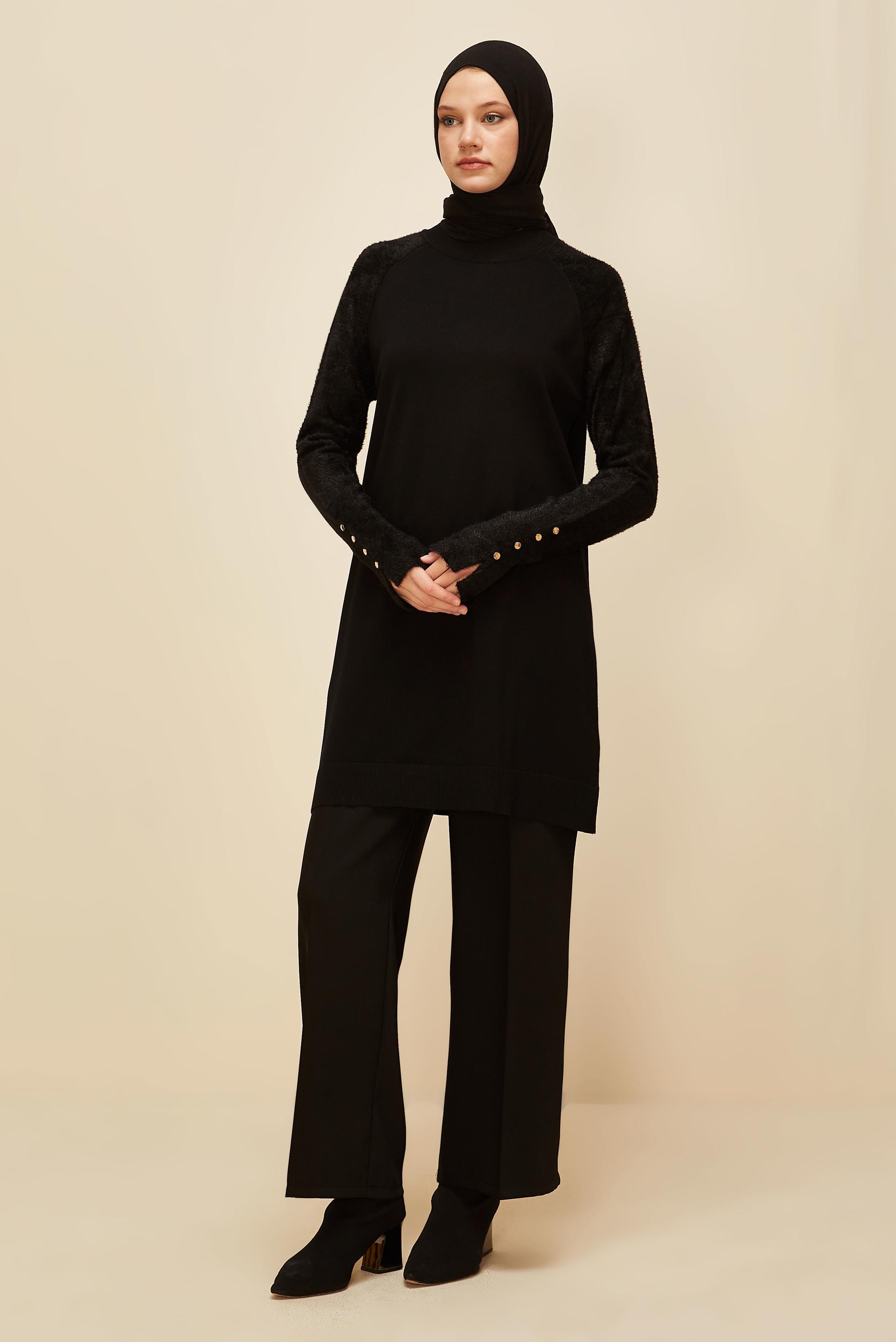 Tesettür giyim SİYAH DÜĞMELİ TRİKO TUNİK 45929