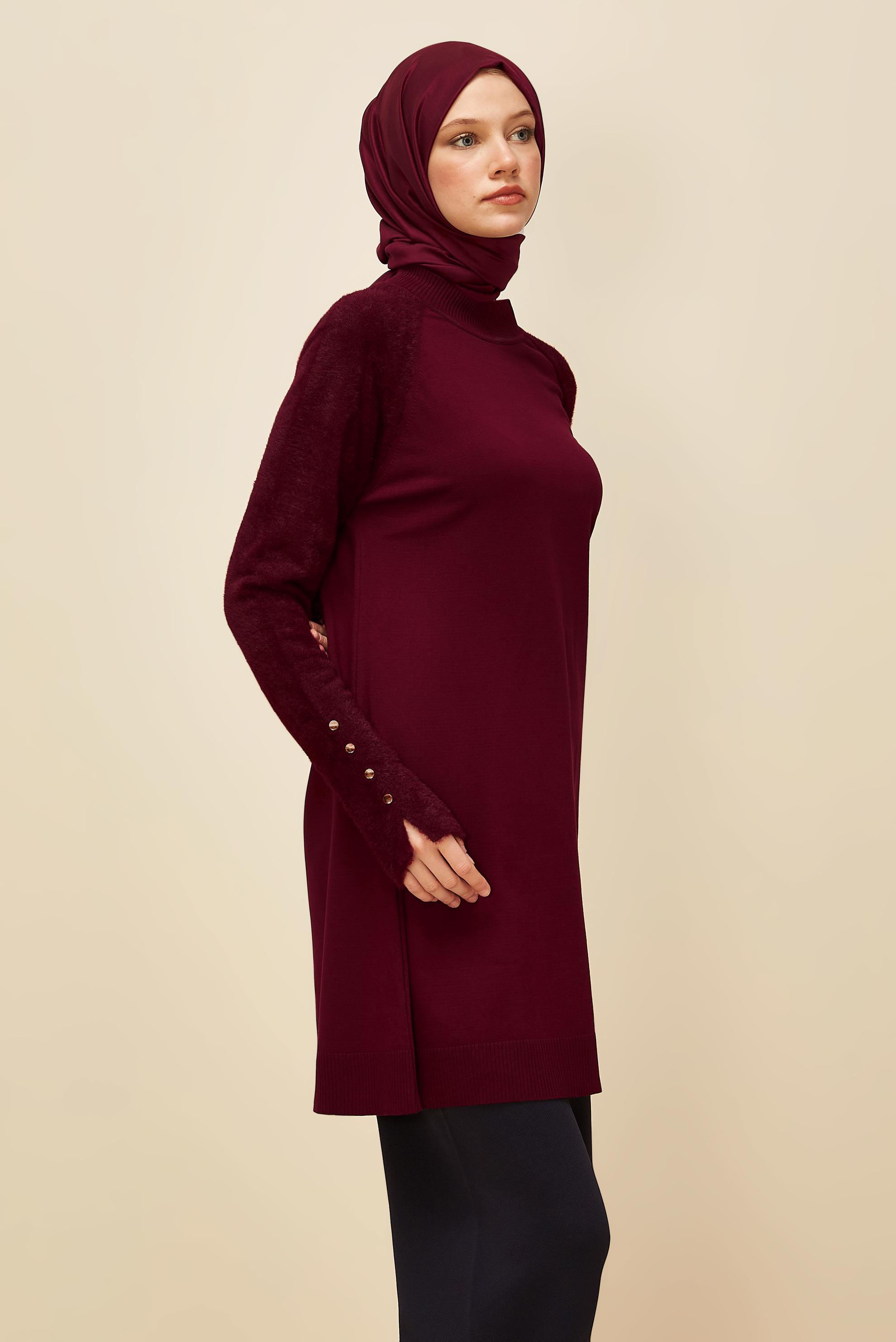 Tesettür giyim BORDO DÜĞMELİ TRİKO TUNİK 45929