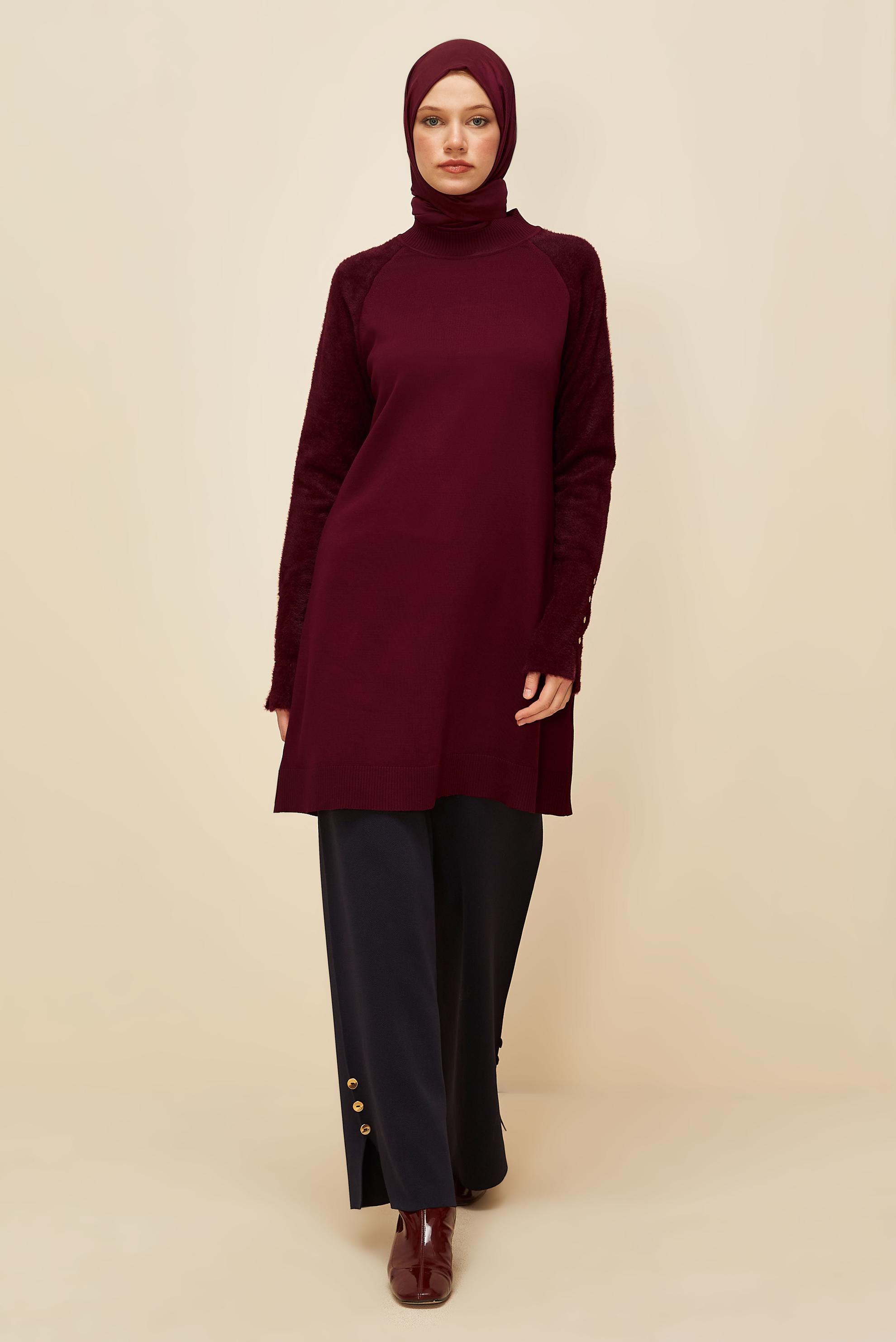Tesettür giyim BORDO DÜĞMELİ TRİKO TUNİK 45929