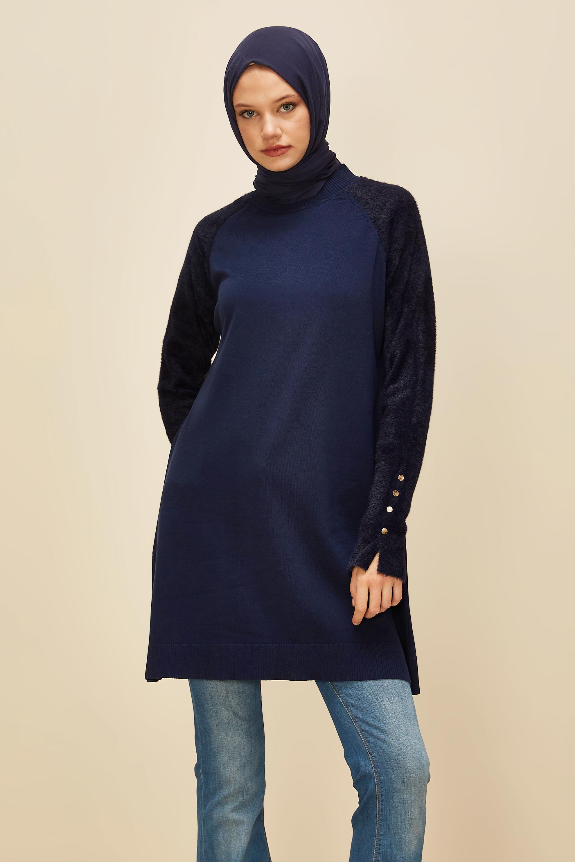 Tesettür giyim LACİVERT DÜĞMELİ TRİKO TUNİK 45929
