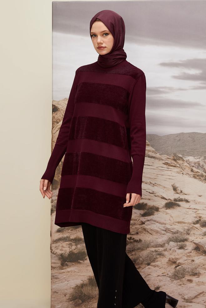 Vêtements hijab ROUGE BORDEAUX TUNIQUE EN MAILLE RAYÉE 45930 - ALVİNA