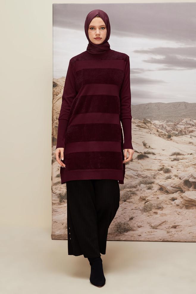 Vêtements hijab ROUGE BORDEAUX TUNIQUE EN MAILLE RAYÉE 45930 - ALVİNA