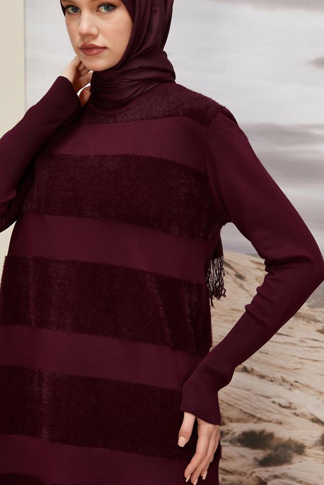 Vêtements hijab ROUGE BORDEAUX TUNIQUE EN MAILLE RAYÉE 45930 - ALVİNA