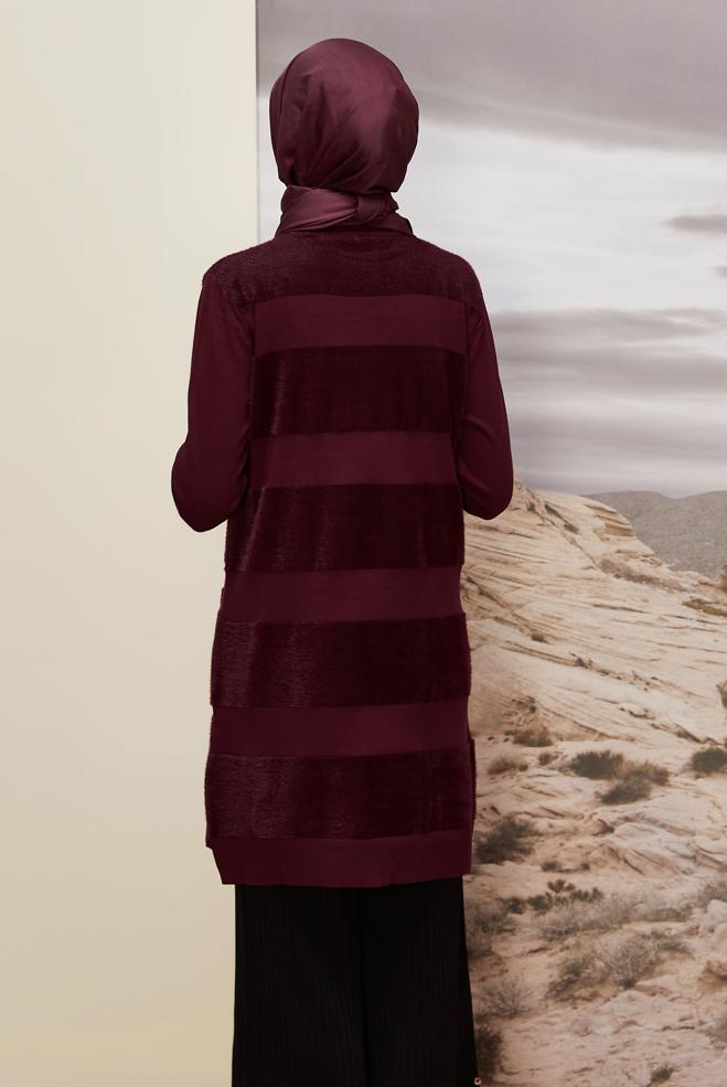 Vêtements hijab ROUGE BORDEAUX TUNIQUE EN MAILLE RAYÉE 45930 - ALVİNA
