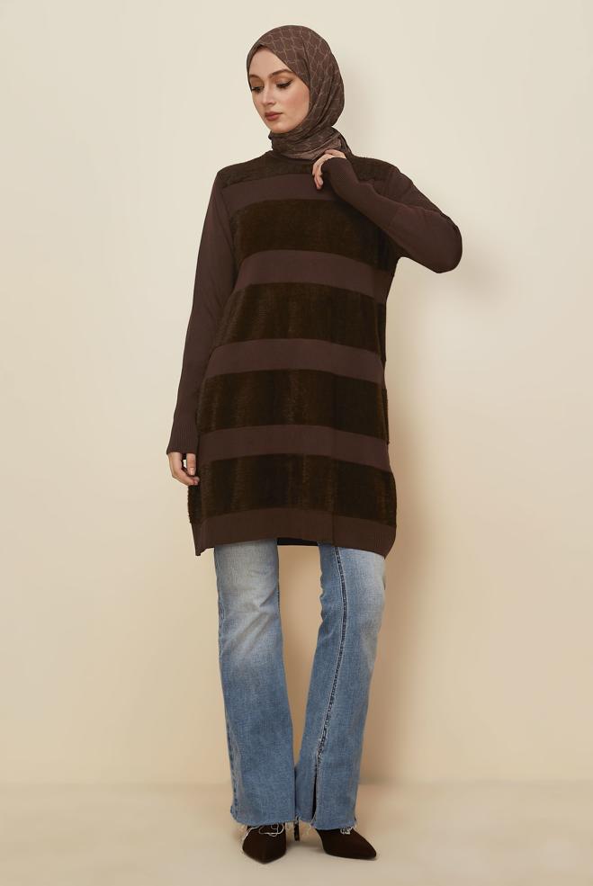 Tesettür giyim KAHVE 45930 TRİKO TUNİK 38-44 - ALVİNA