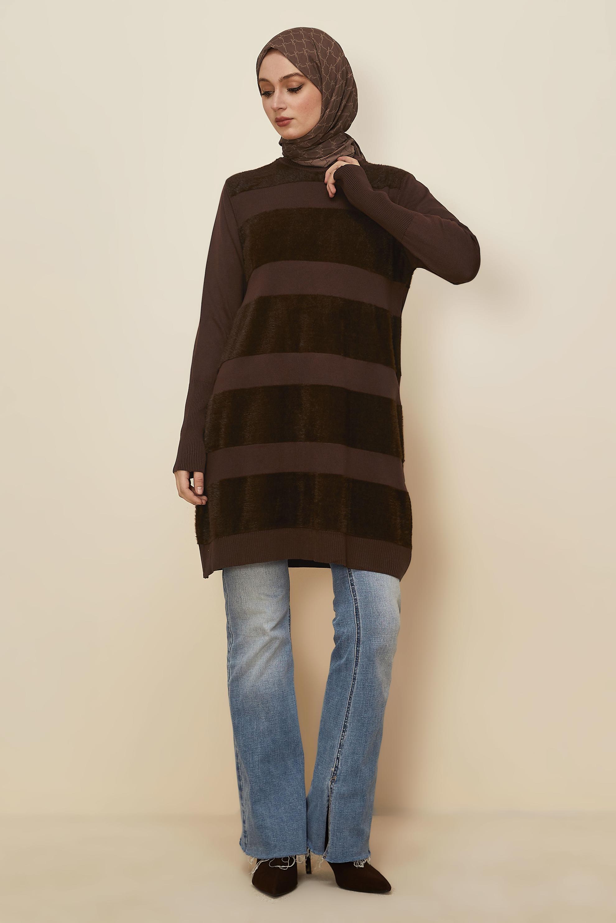 Tesettür giyim KAHVE 45930 TRİKO TUNİK 38-44