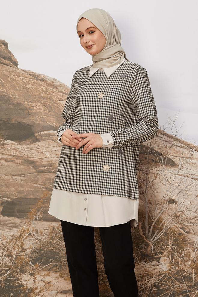Hijab clothing GREY PLAID PATTERNED TUNIC 45937 - ALVİNA