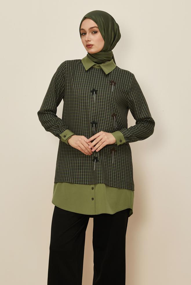 Hijab clothing GREEN PLAID PATTERNED TUNIC 45937-1 - ALVİNA