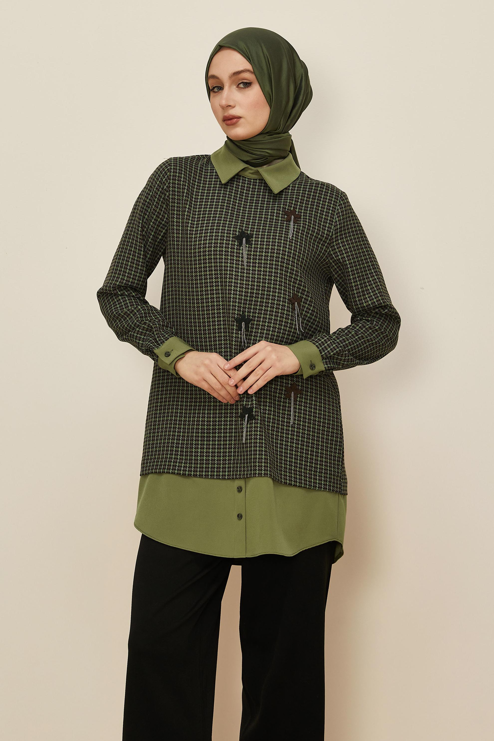 Hijab clothing GREEN PLAID PATTERNED TUNIC 45937-1