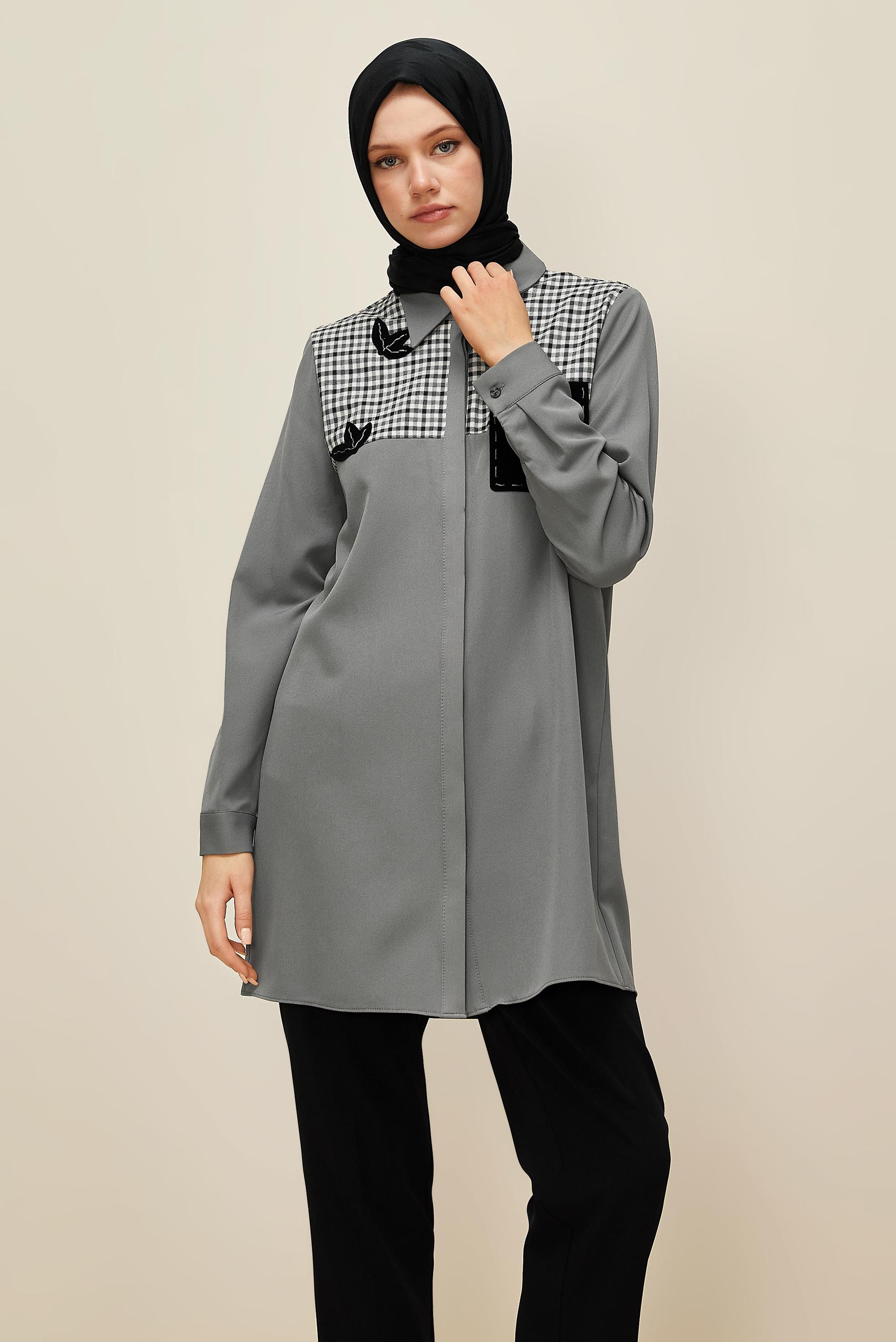 Tesettür giyim GRİ GÖMLEK YAKA TUNİK 45941