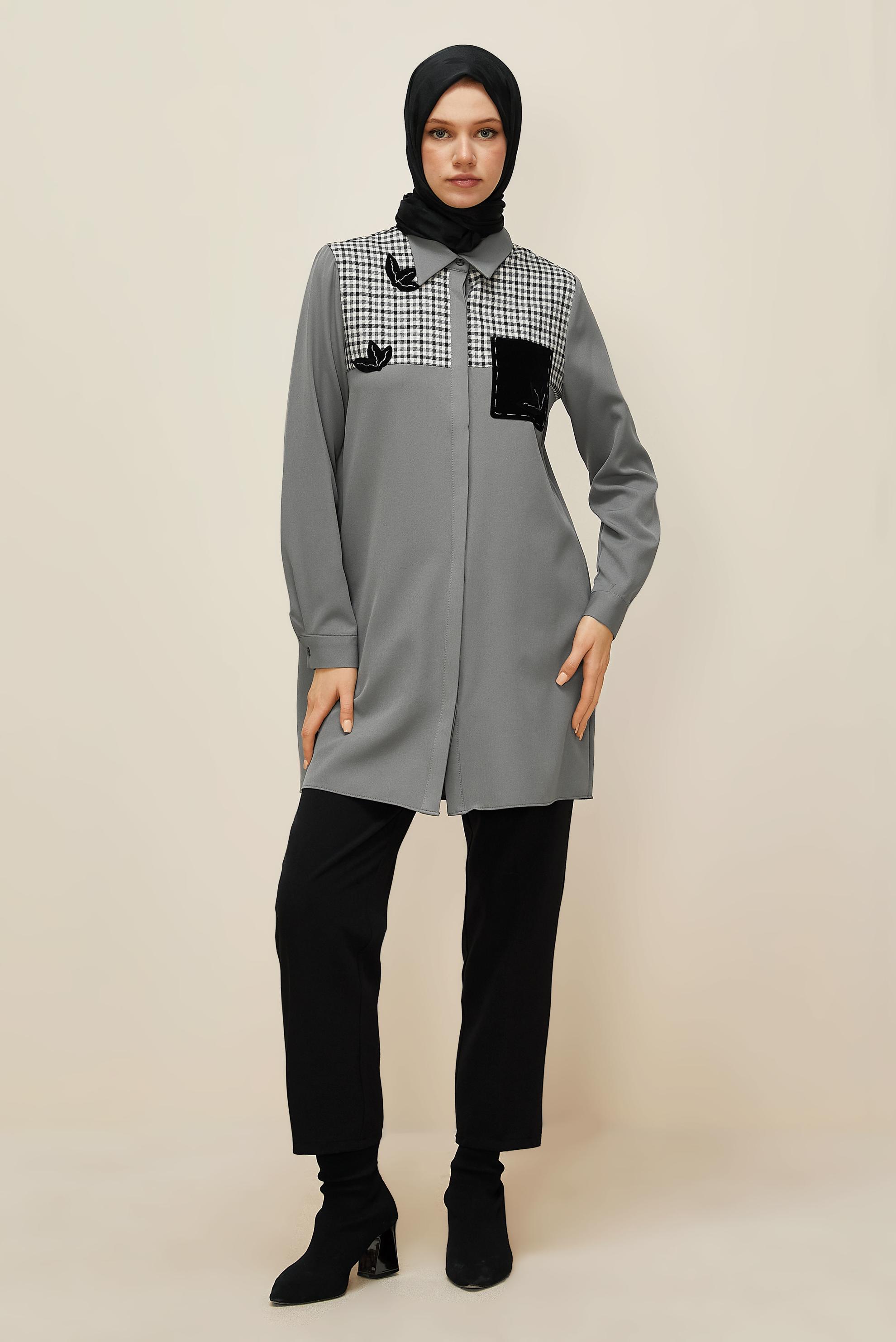 Tesettür giyim GRİ GÖMLEK YAKA TUNİK 45941