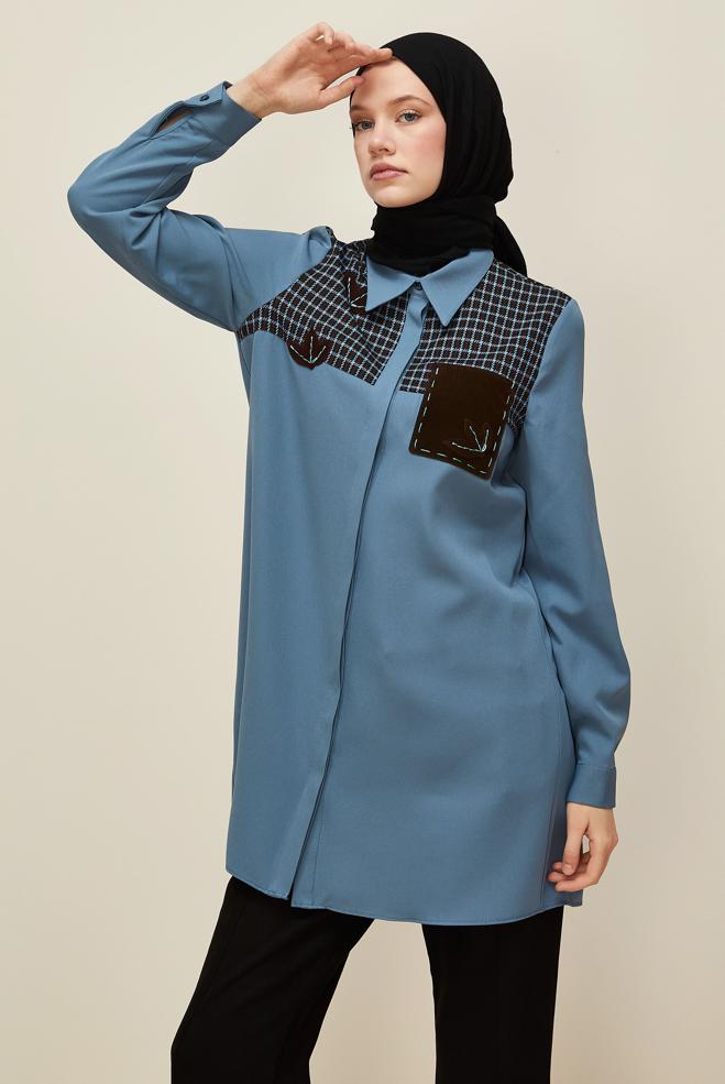Vêtements hijab BLEU TUNIQUE COL CHEMISE 45941 - ALVİNA