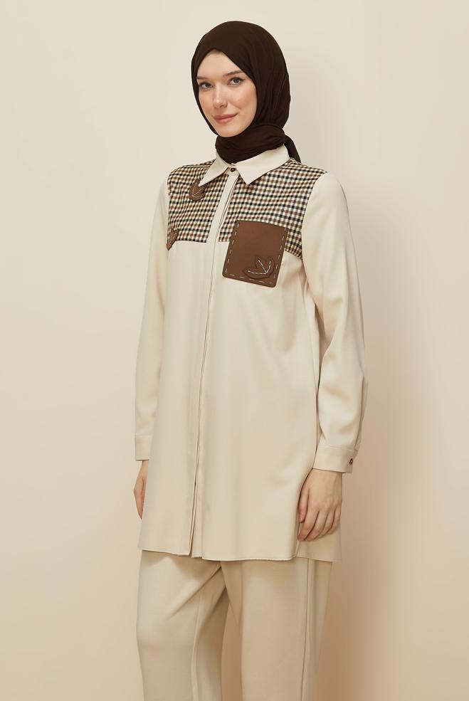 Tesettür giyim EKRU GÖMLEK YAKA TUNİK 45941 - ALVİNA