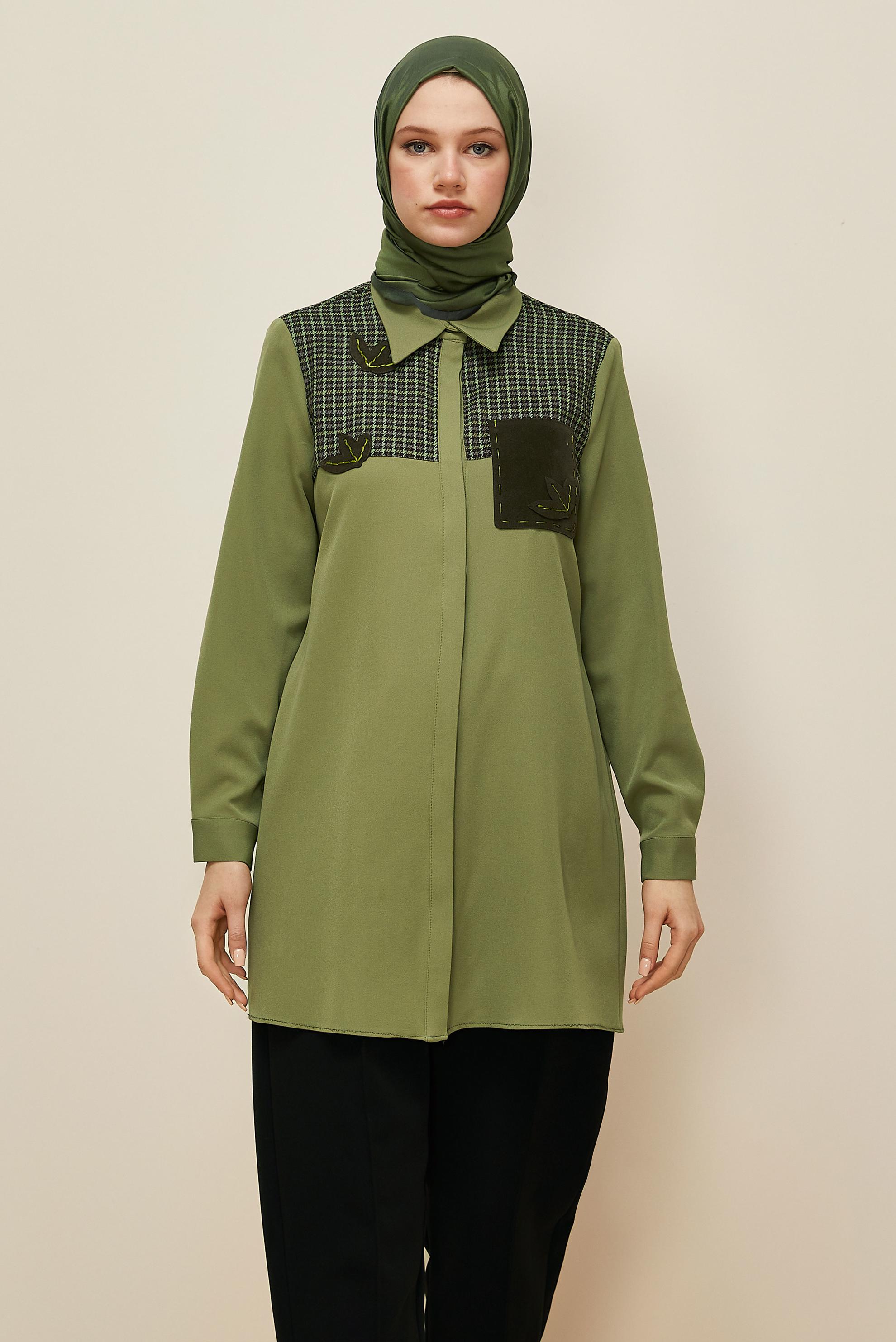 Tesettür giyim YEŞİL GÖMLEK YAKA TUNİK 45941