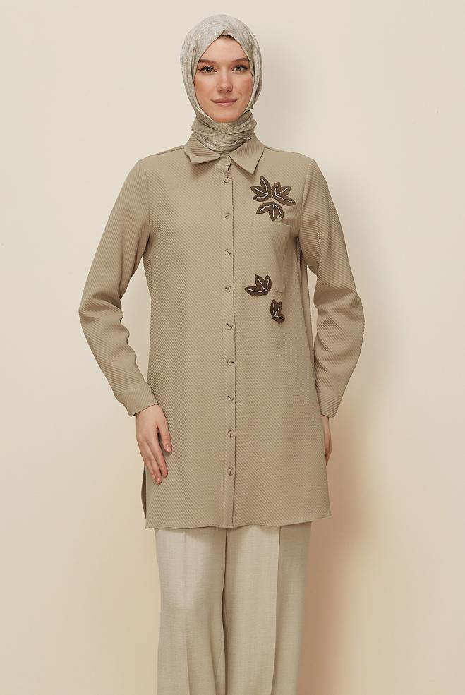 Tesettür giyim BEJ GÖMLEK YAKA TUNİK 45943 - ALVİNA