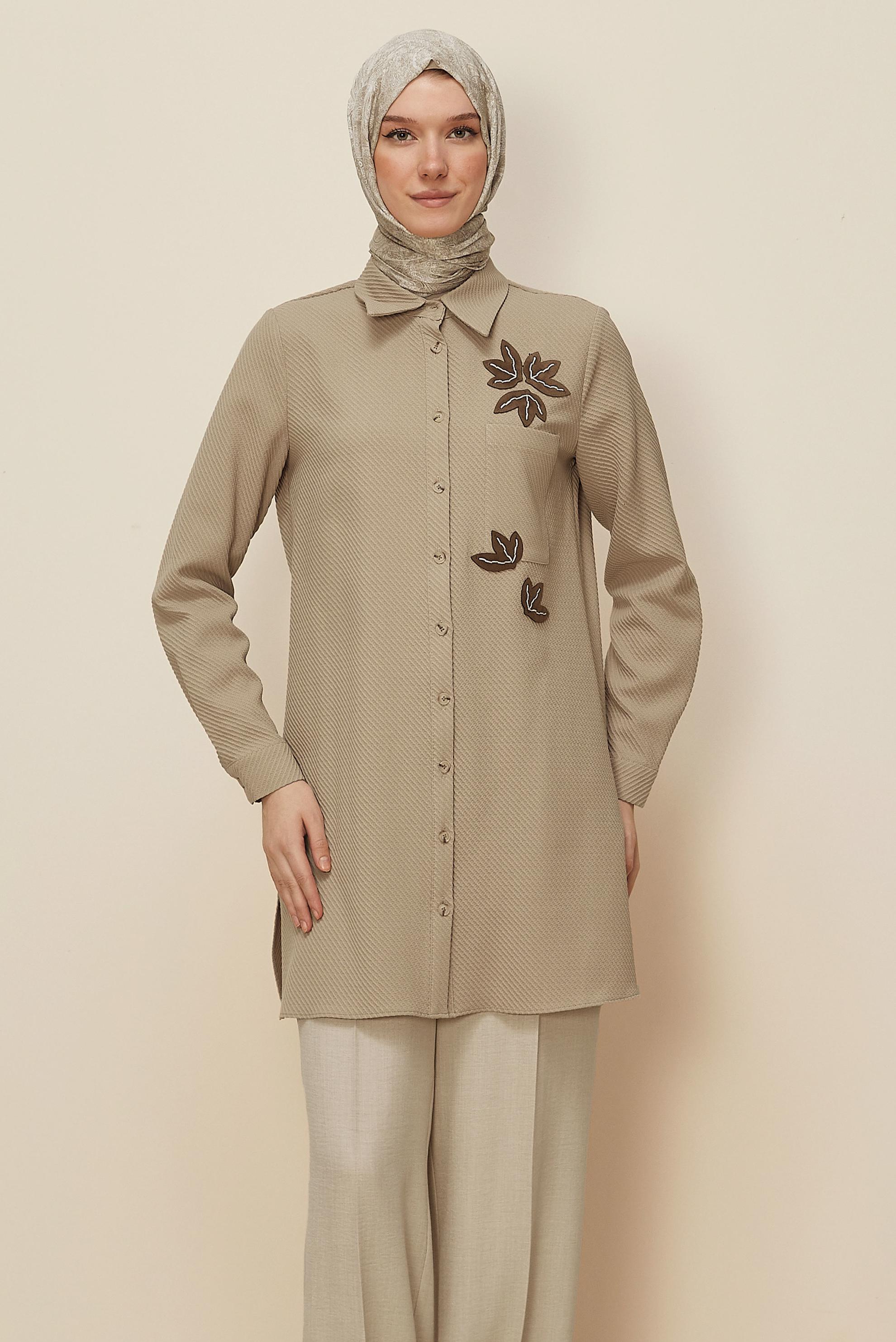 Tesettür giyim BEJ GÖMLEK YAKA TUNİK 45943