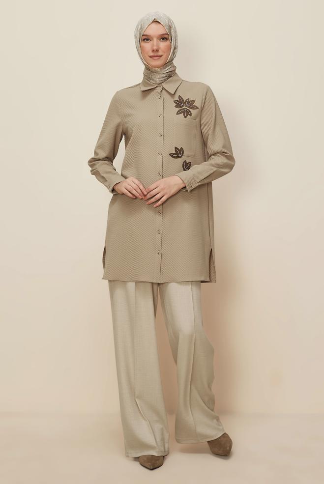 Tesettür giyim BEJ GÖMLEK YAKA TUNİK 45943 - ALVİNA