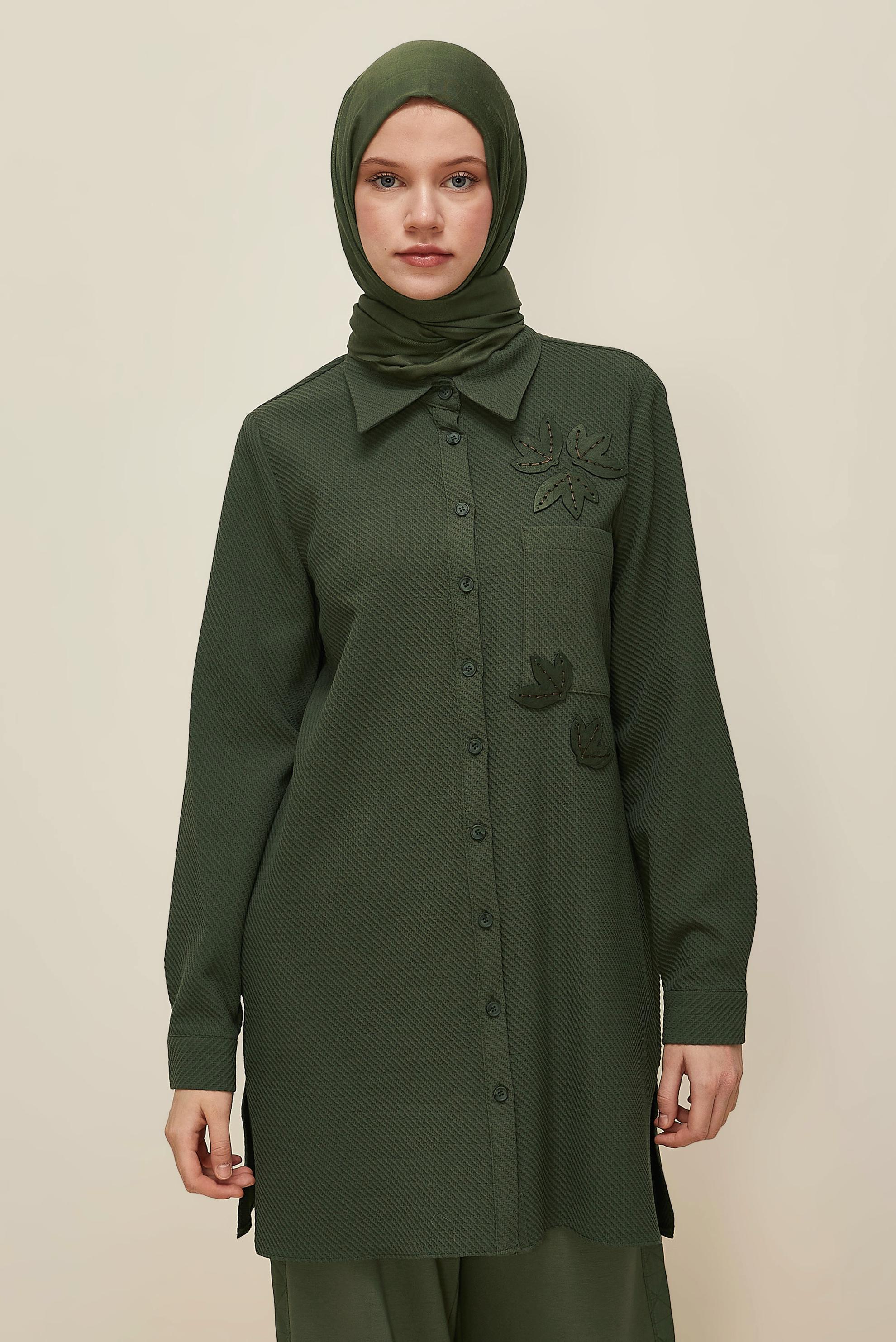 Tesettür giyim HAKİ GÖMLEK YAKA TUNİK 45943