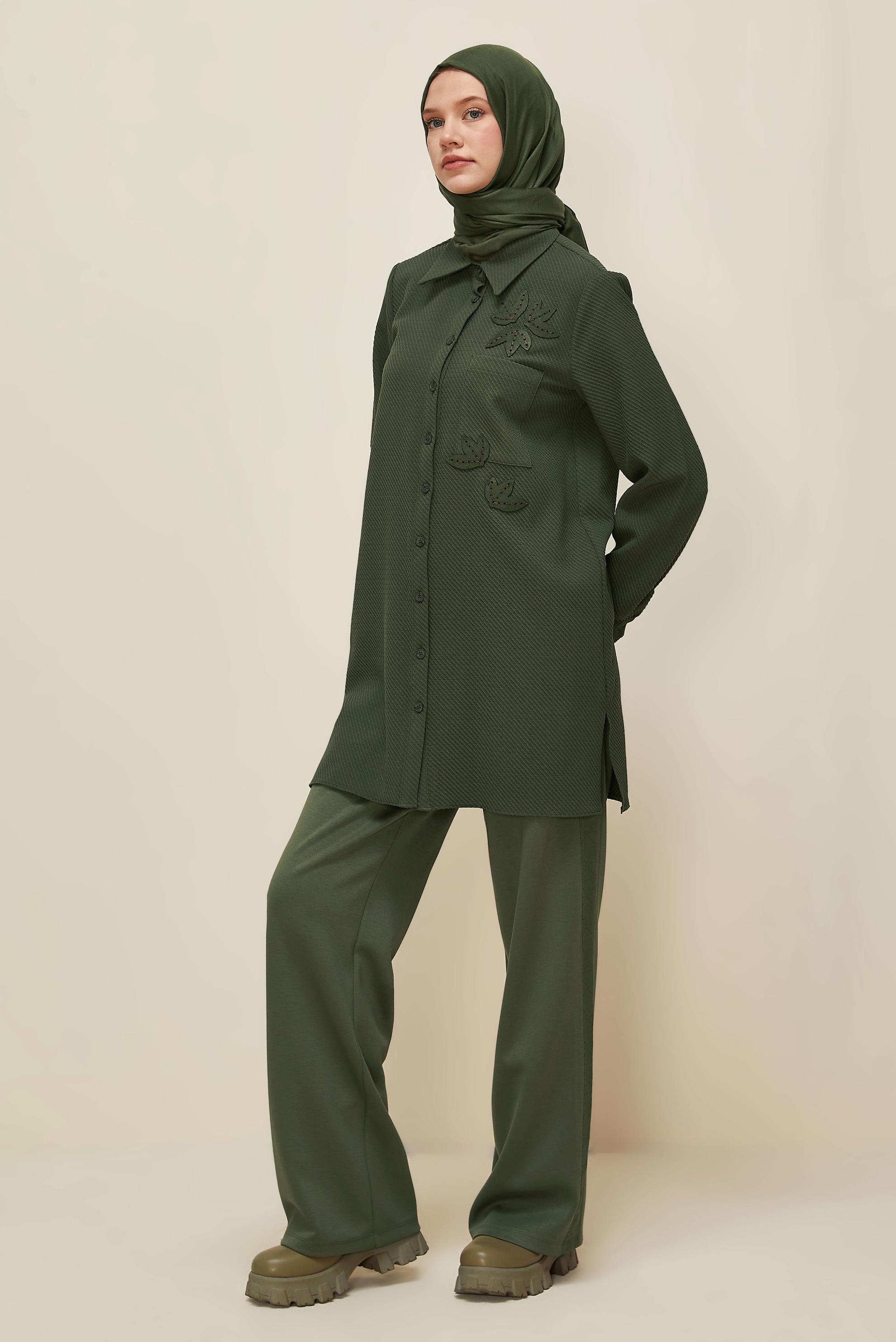Tesettür giyim HAKİ GÖMLEK YAKA TUNİK 45943