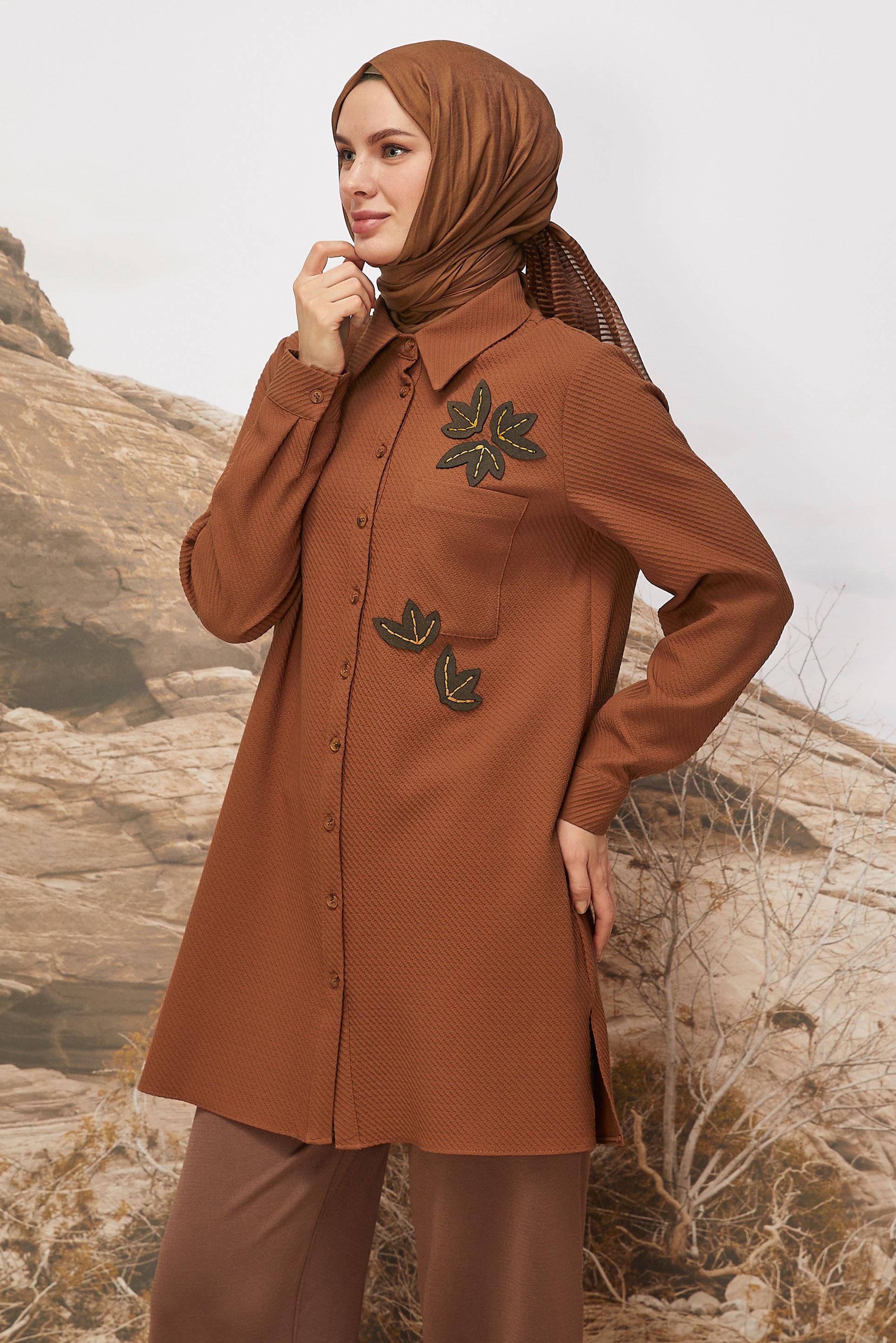 Tesettür giyim TURUNCU GÖMLEK YAKA TUNİK 45943