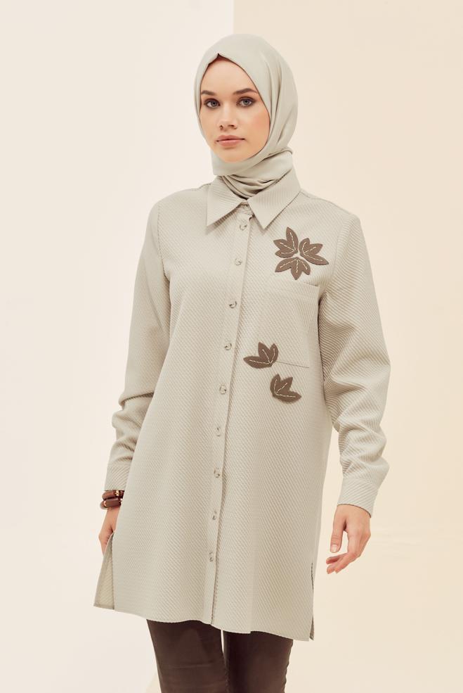 Vêtements hijab BEIGE TUNIQUE COL CHEMISE 45943 - ALVİNA