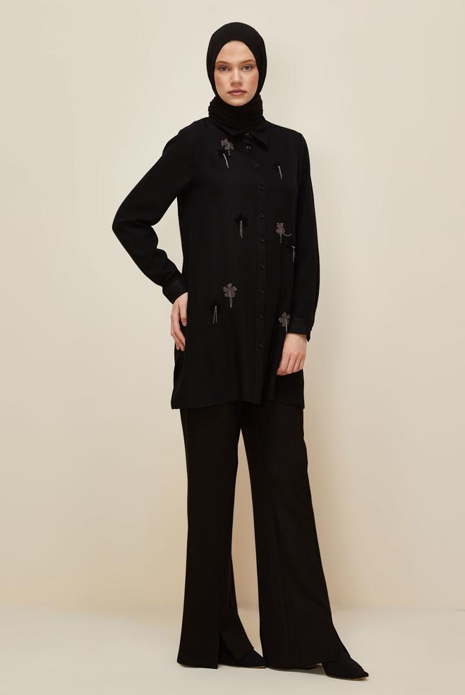 Vêtements hijab NOIR TUNIQUE DÉTAILLÉE DE FLEURS 45945 - ALVİNA
