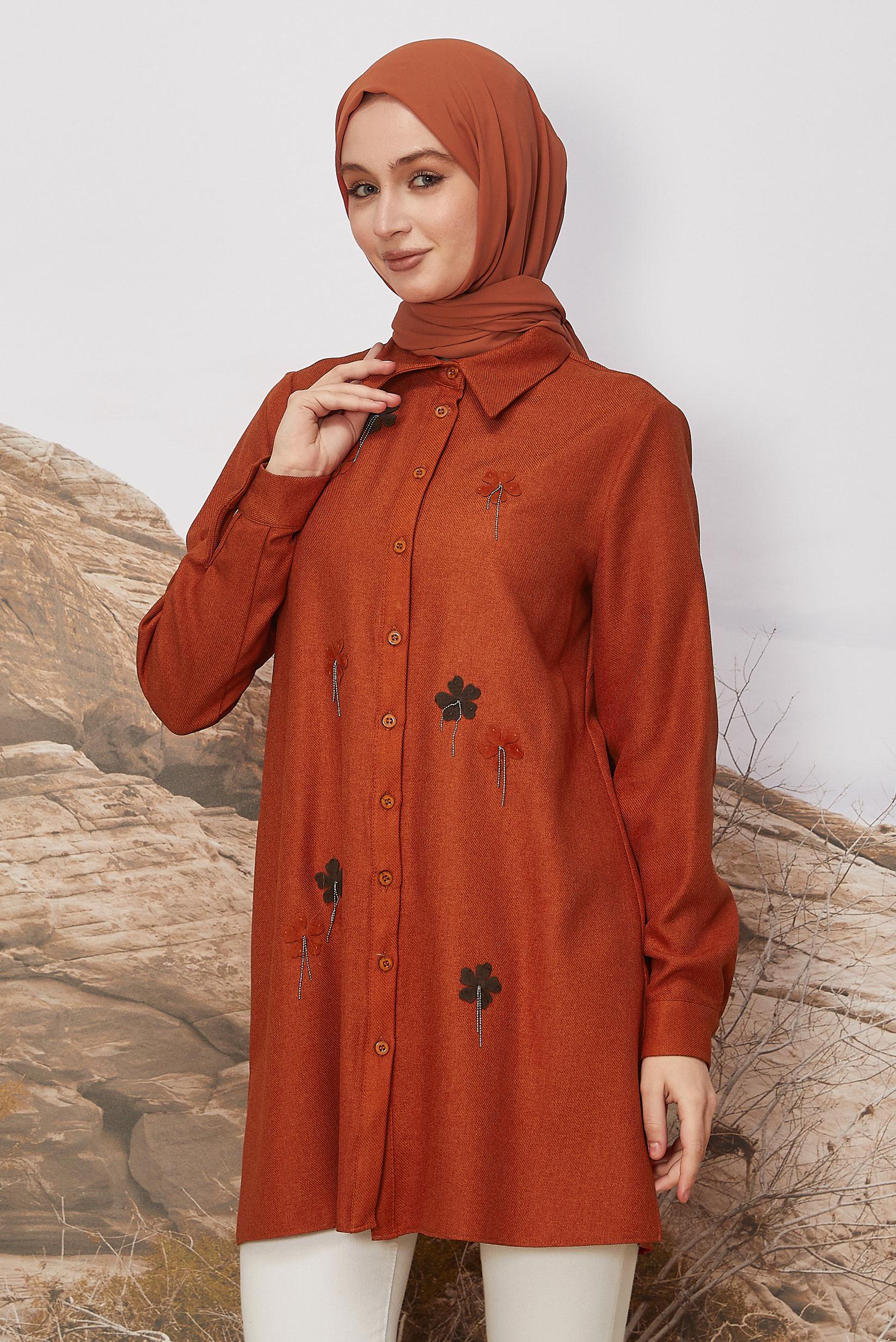 Tesettür giyim TABA ÇİÇEK DETAYLI TUNİK 45945