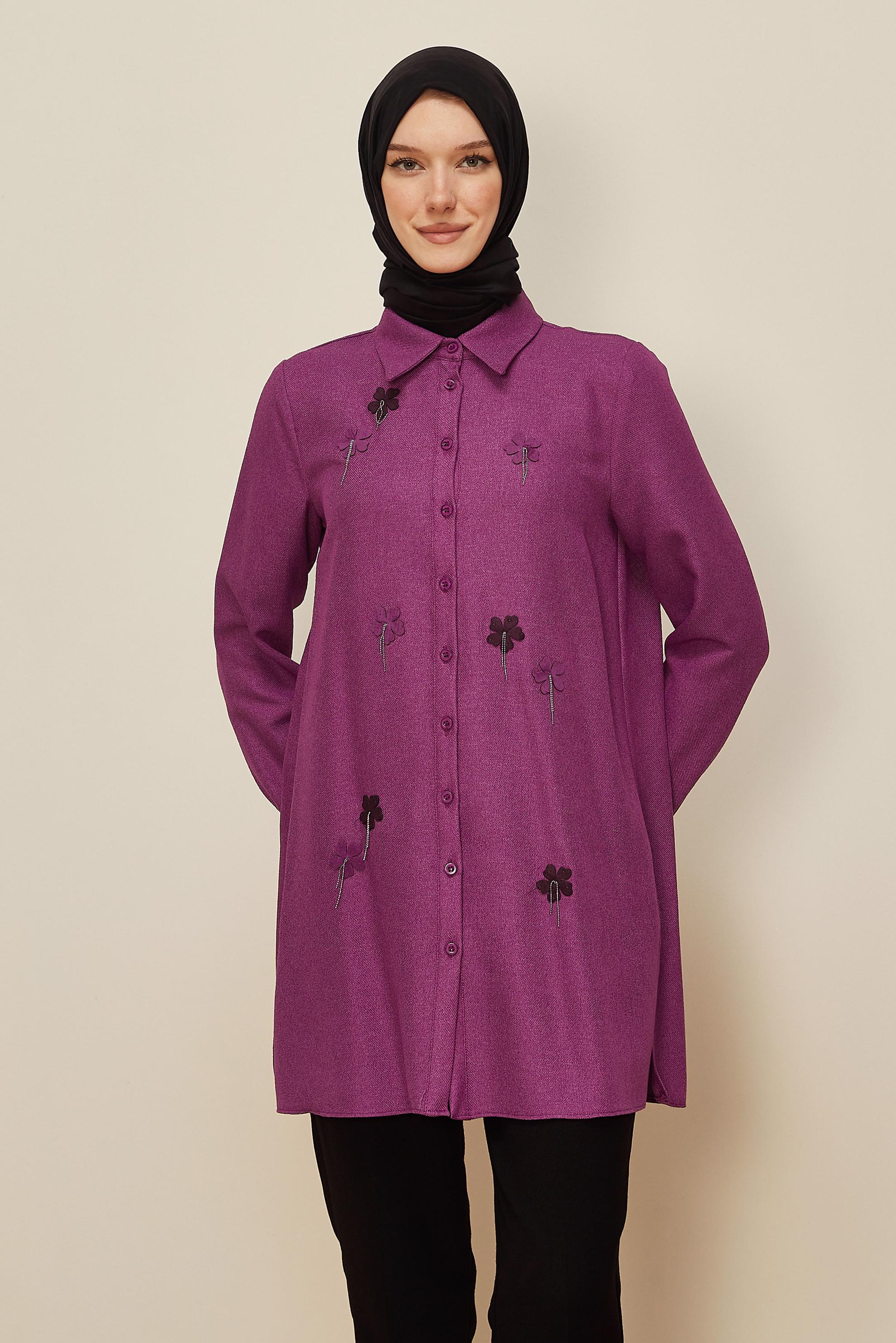 Tesettür giyim MOR ÇİÇEK DETAYLI TUNİK 45945