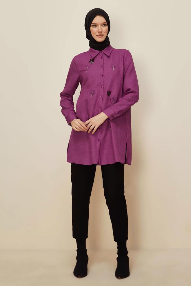 Tesettür giyim MOR ÇİÇEK DETAYLI TUNİK 45945 - ALVİNA