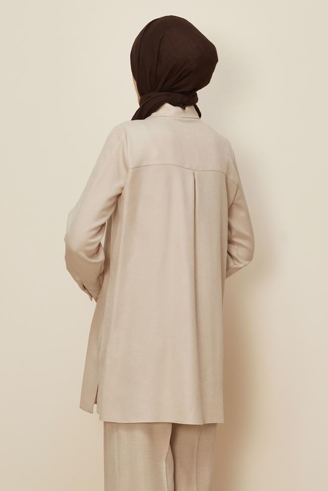 Tesettür giyim EKRU ÇİÇEK DETAYLI TUNİK 45945 - ALVİNA