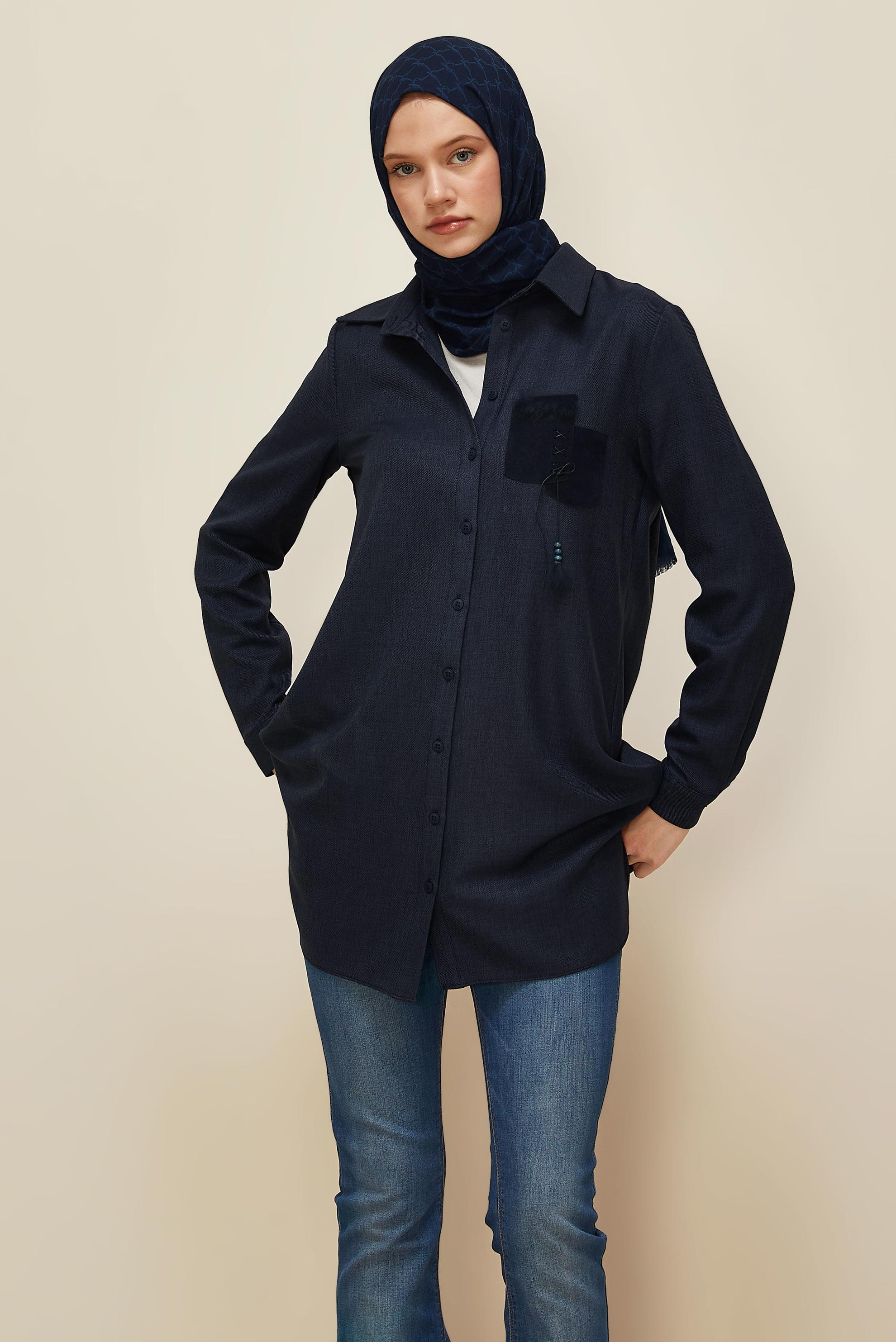 Tesettür giyim LACİVERT GÖMLEK YAKA TUNİK 45946