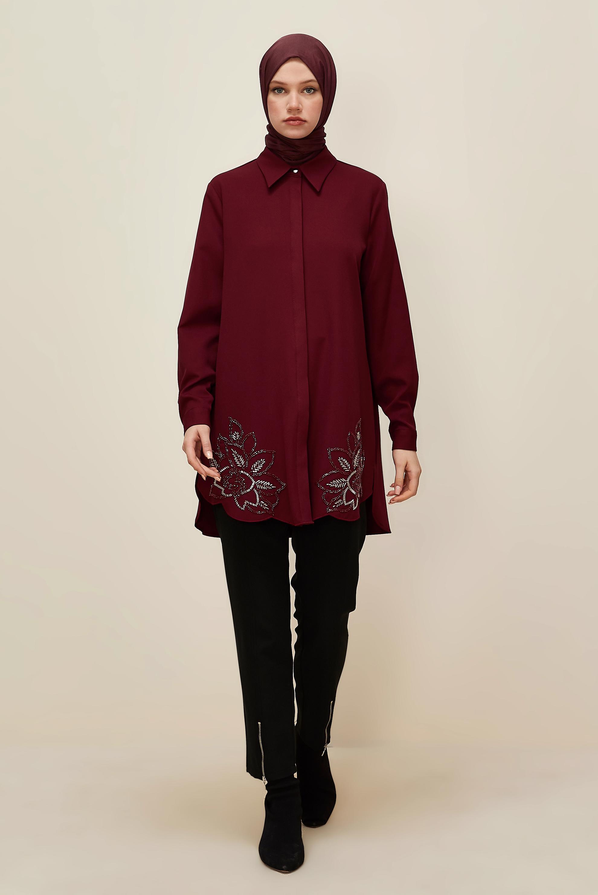 Hijab clothing CLARET RED SHIRT COLLAR TUNIC 45973