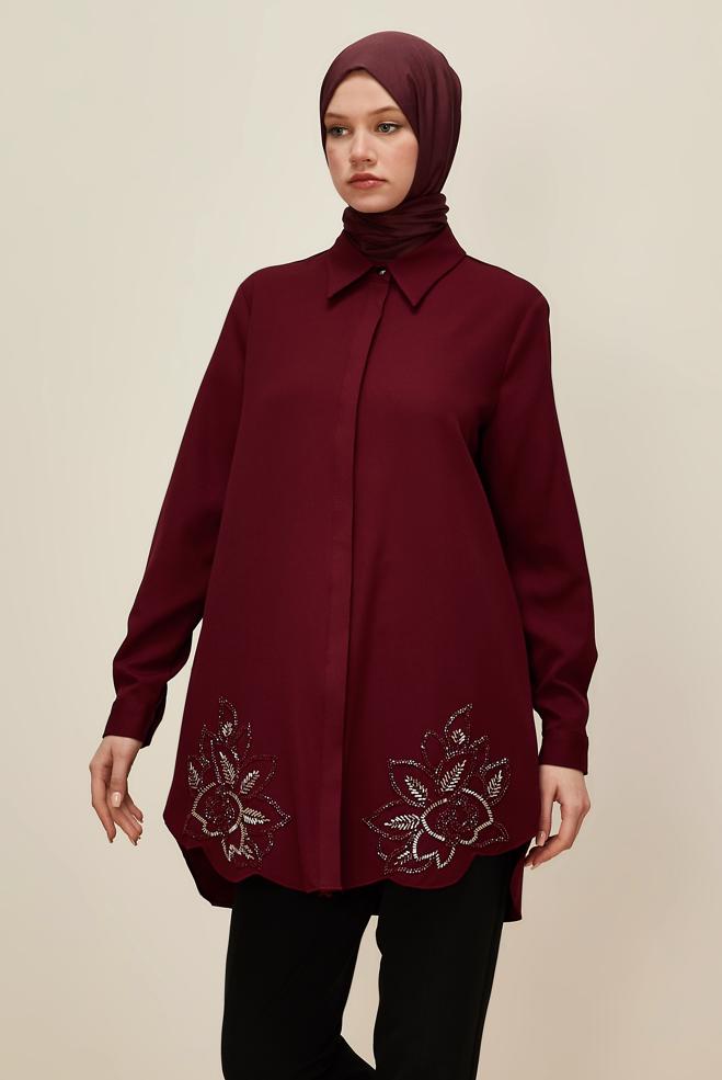 Hijab clothing CLARET RED SHIRT COLLAR TUNIC 45973 - ALVİNA