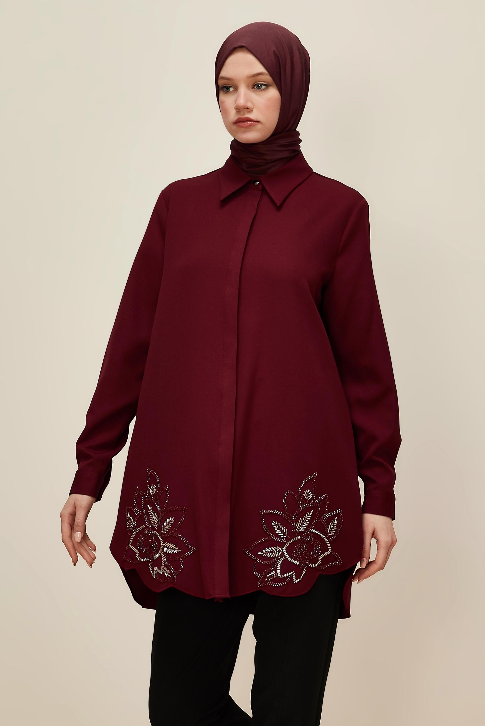 Hijab clothing CLARET RED SHIRT COLLAR TUNIC 45973