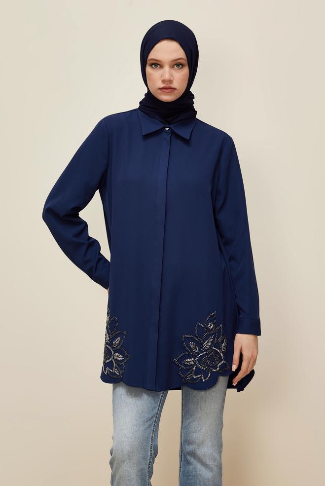 Hijab clothing NAVY BLUE SHIRT COLLAR TUNIC 45973 - ALVİNA