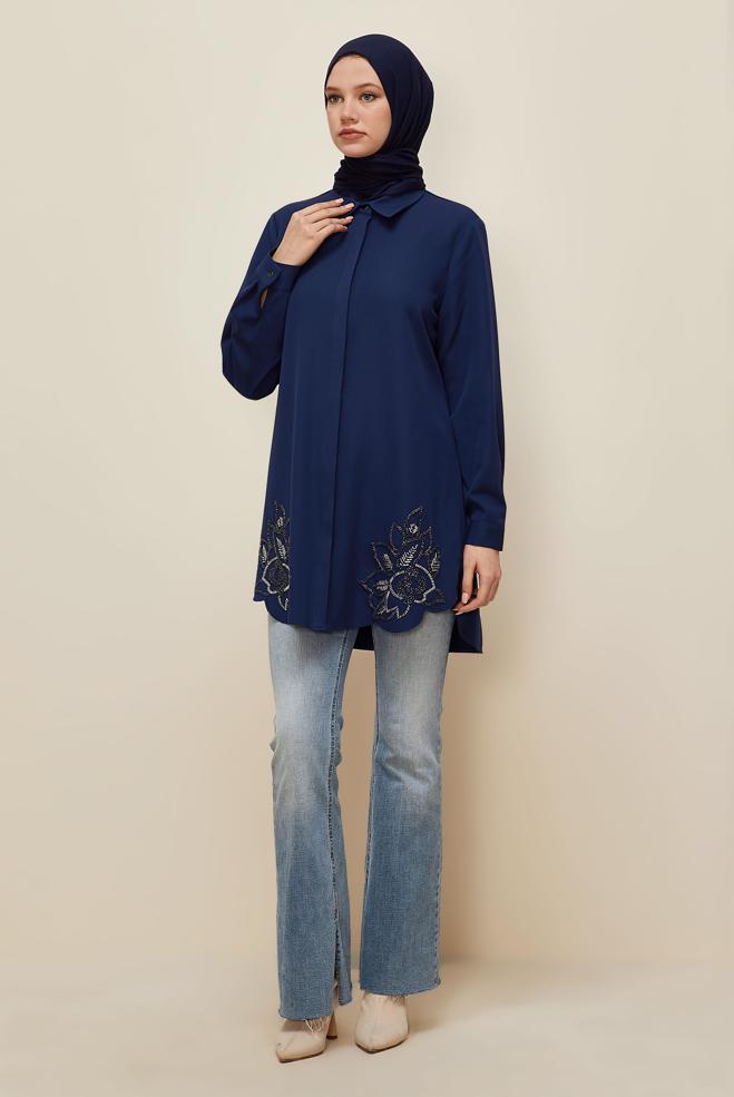 Hijab clothing NAVY BLUE SHIRT COLLAR TUNIC 45973 - ALVİNA