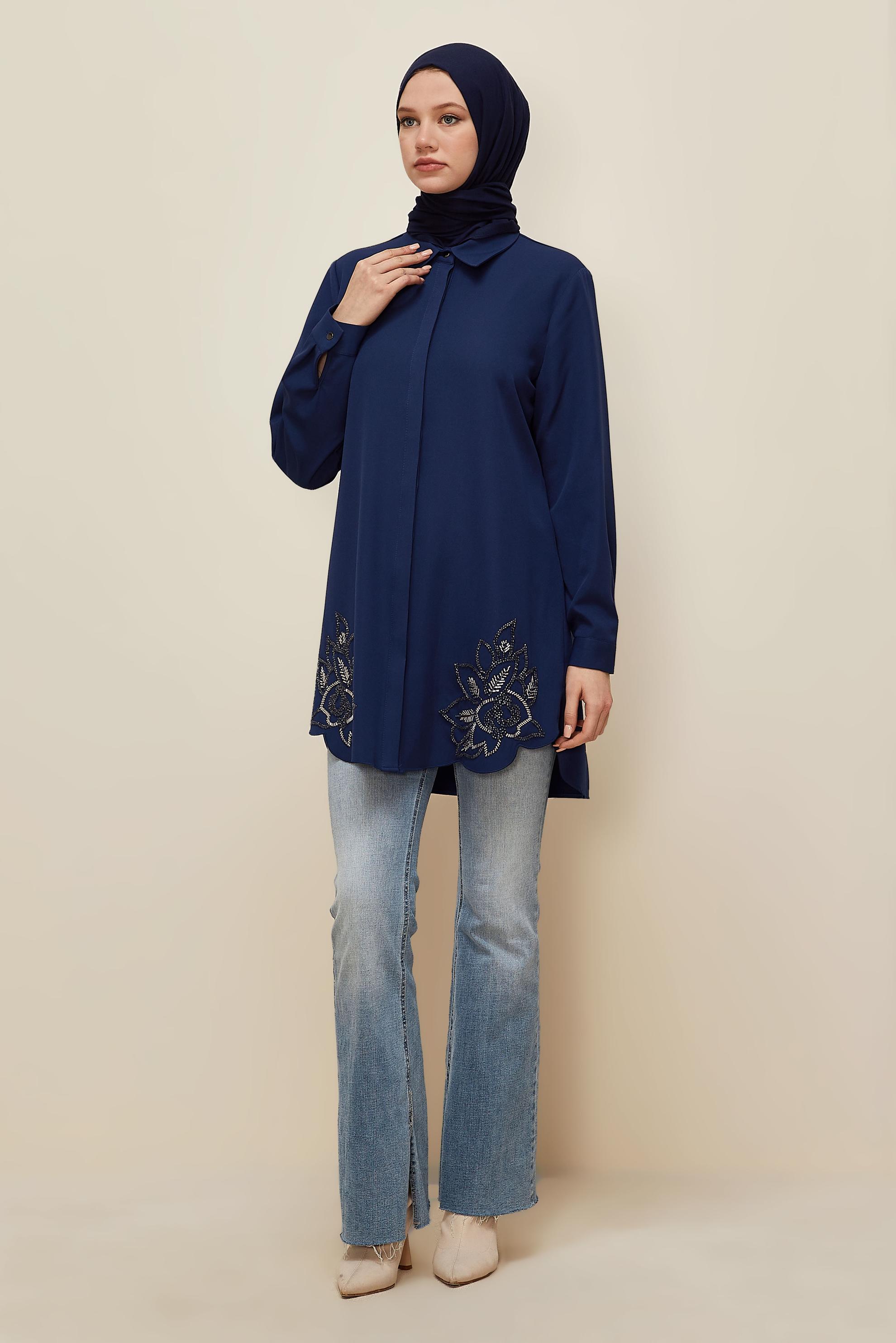 Hijab clothing NAVY BLUE SHIRT COLLAR TUNIC 45973