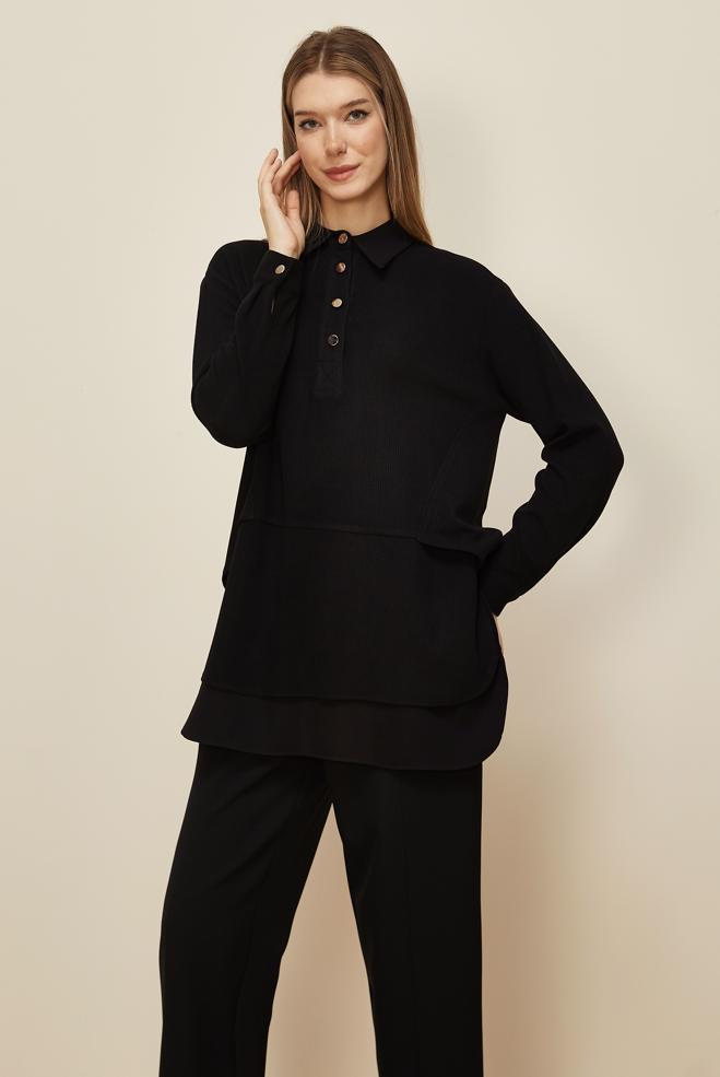 Hijab clothing BLACK SHIRT COLLAR TUNIC 45986-1 - ALVİNA