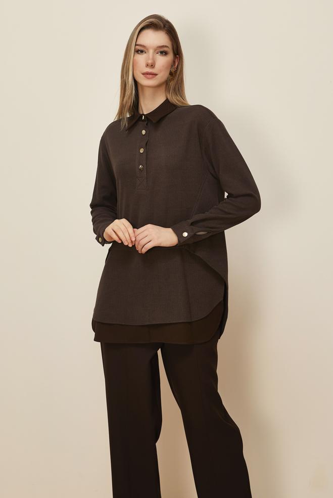 Hijab clothing BROWN SHIRT COLLAR TUNIC 45986-1 - ALVİNA