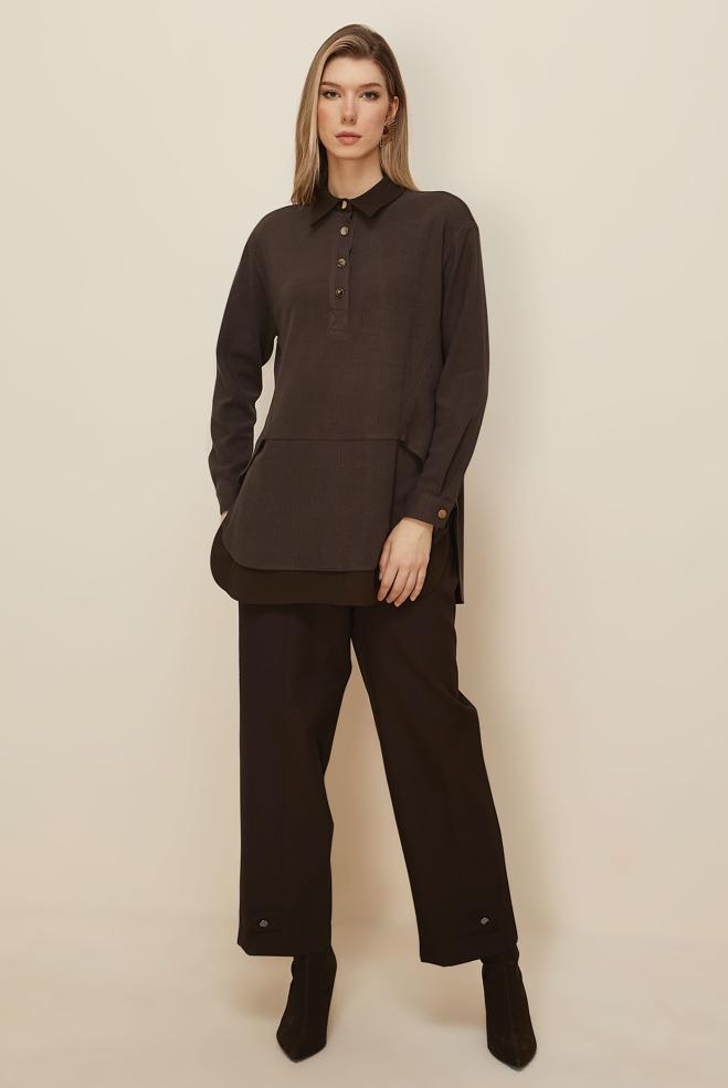 Hijab clothing BROWN SHIRT COLLAR TUNIC 45986-1 - ALVİNA