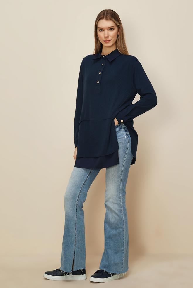 Hijab clothing NAVY BLUE SHIRT COLLAR TUNIC 45986-1 - ALVİNA