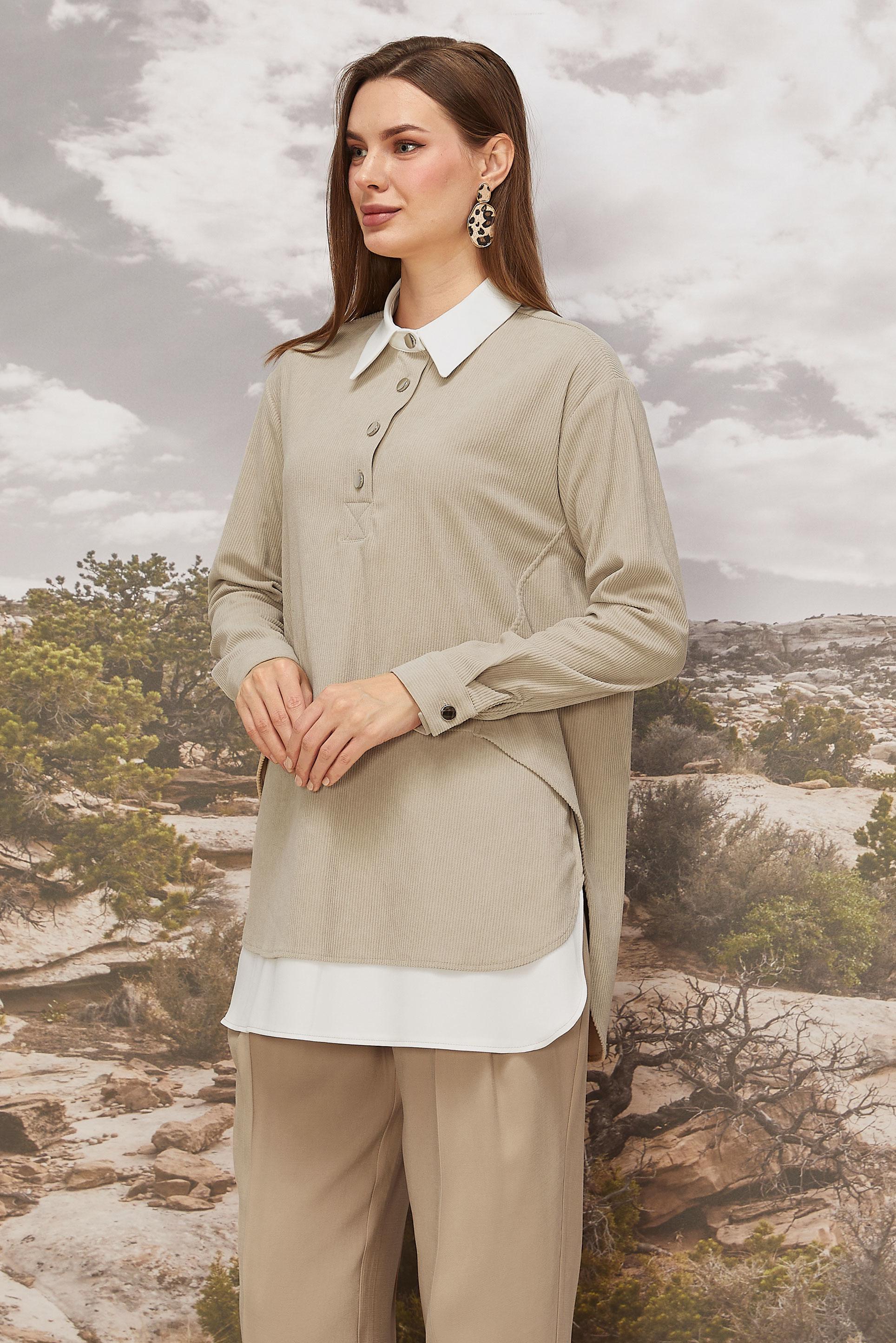 Tesettür giyim BEJ KADİFE TUNİK 45986