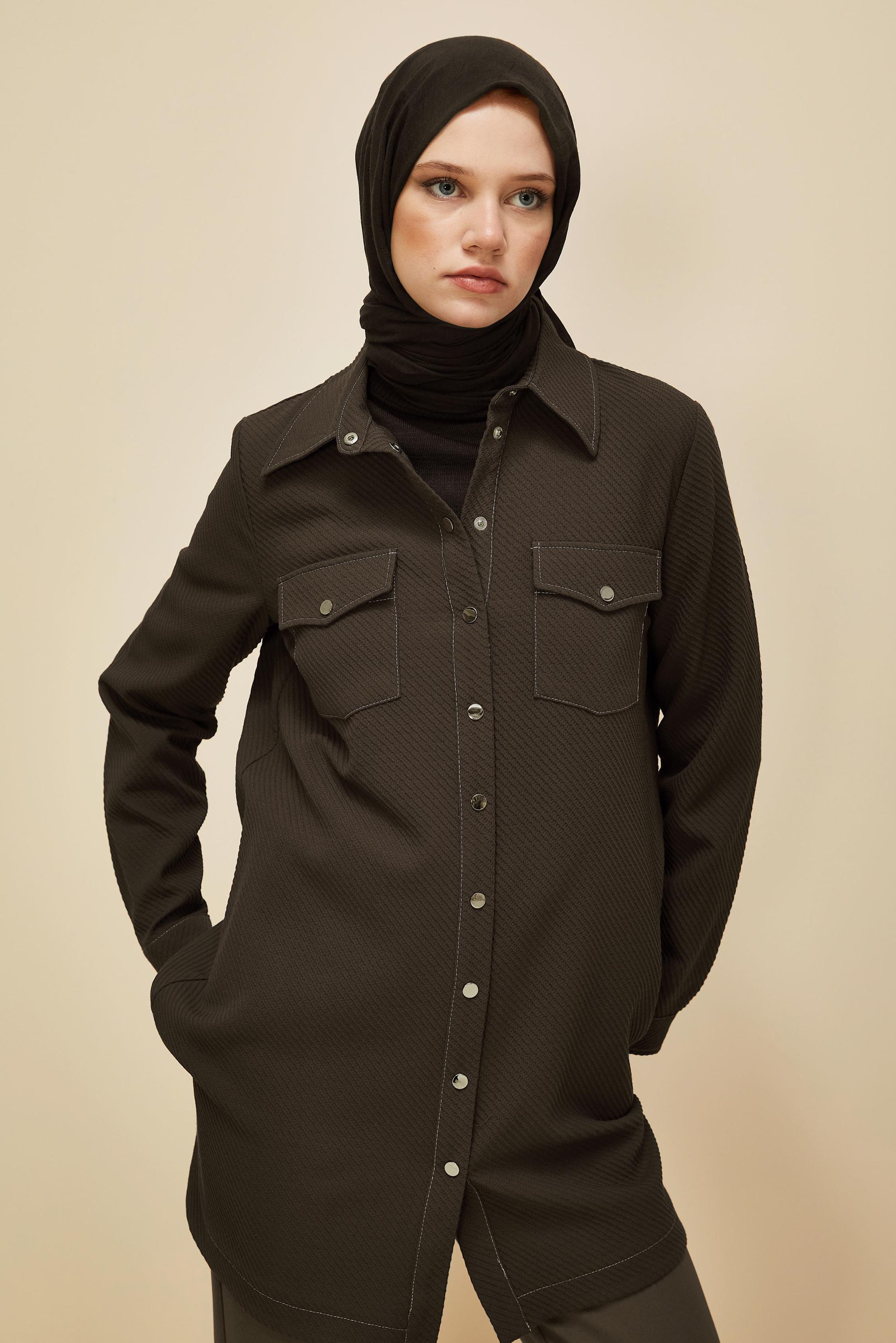 Tesettür giyim KAHVE GÖMLEK YAKALI TUNİK 45987