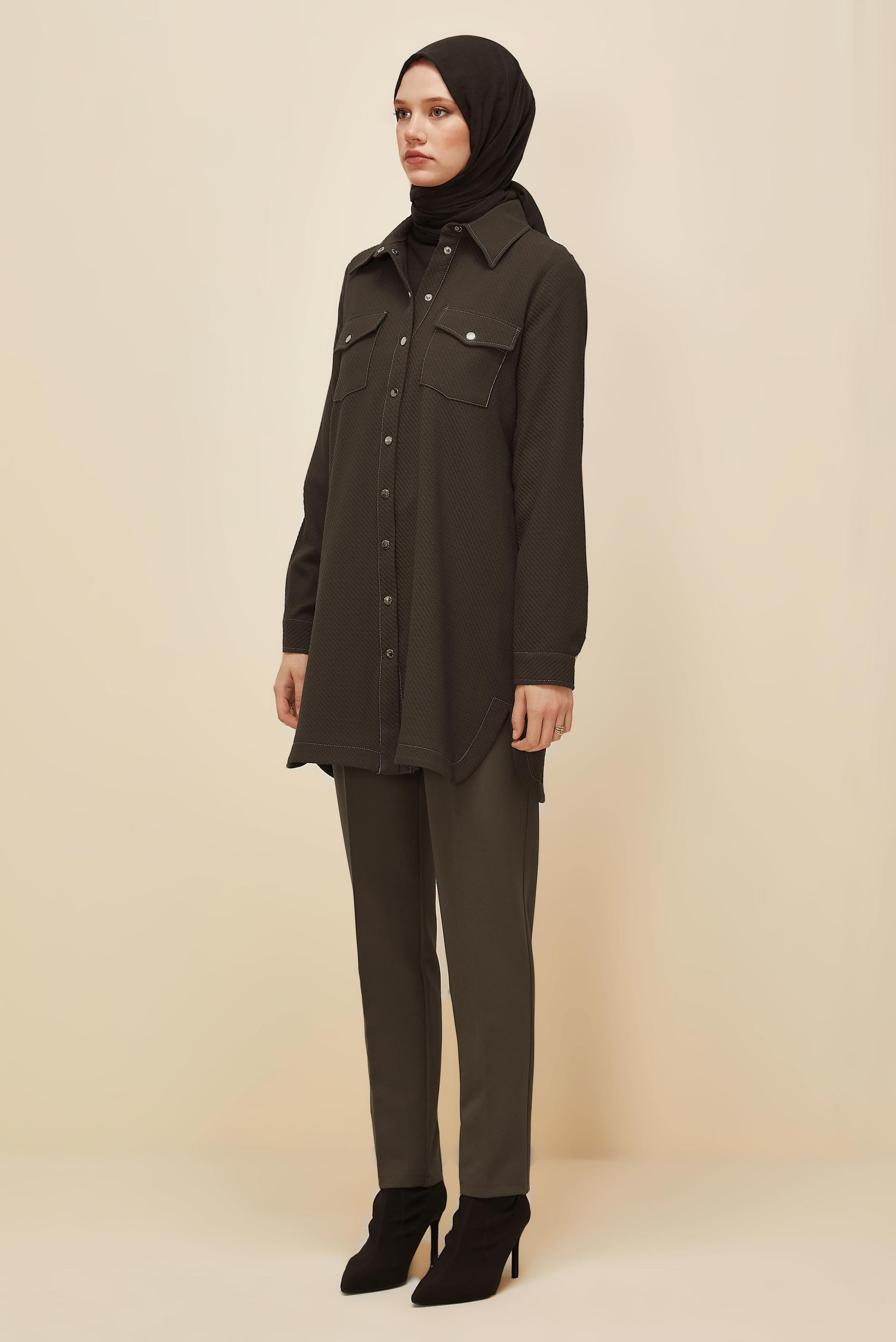 Tesettür giyim KAHVE GÖMLEK YAKALI TUNİK 45987